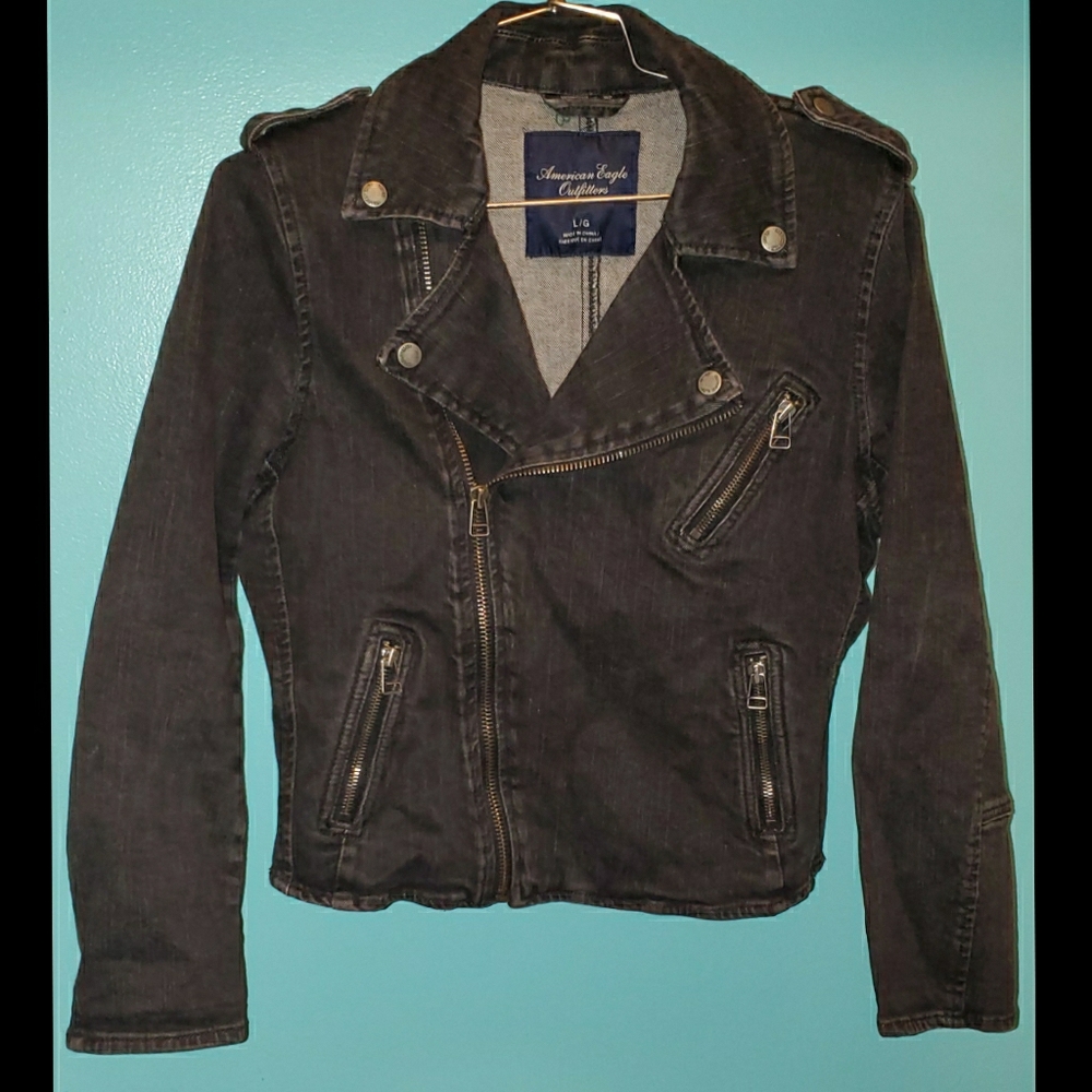 American Eagle Outfitters Blk Moto Denim Jacket LG